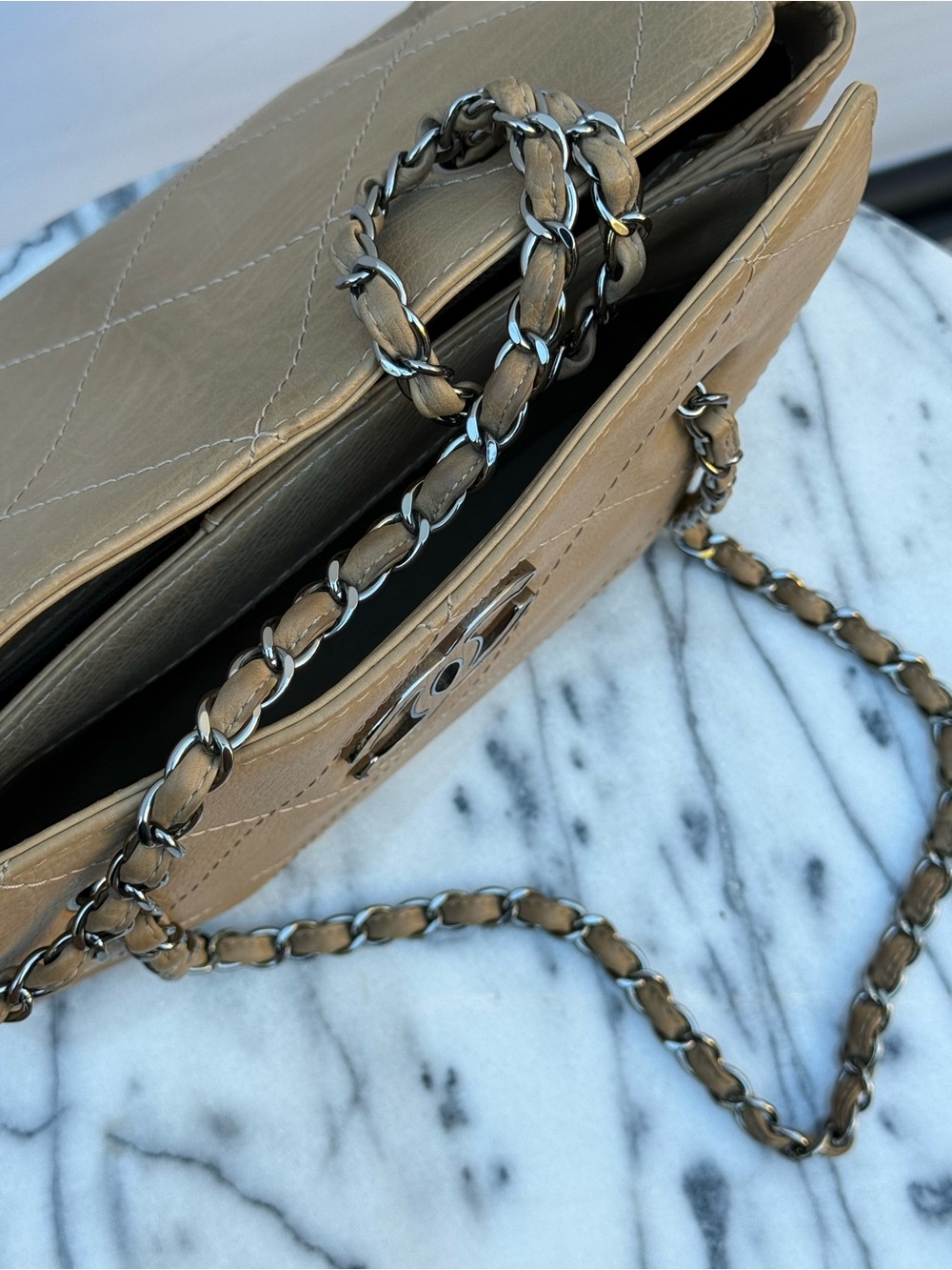 Chanel Tan Quilted Calfskin Bag w/ Three Pockets & Silver Hardware - Picture 7 of 9